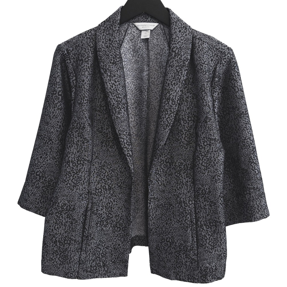 Christopher &‎ Banks Blazer Women PL Gray Animal Print Open Front 3/4 Sleeve